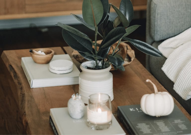 Keeping lit candles next to houseplants on a living room table