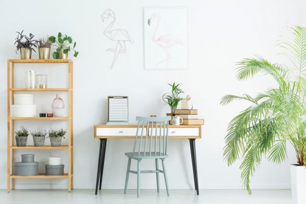 Home office with plants Grey chair at desk against white wall with poster in home office with plants on wooden shelves
