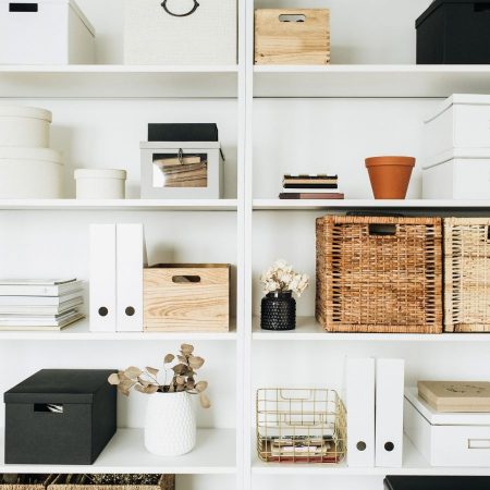 Canva – null White storage shelves with boxes, eucalyptus, decorations. Scandinavian style room
